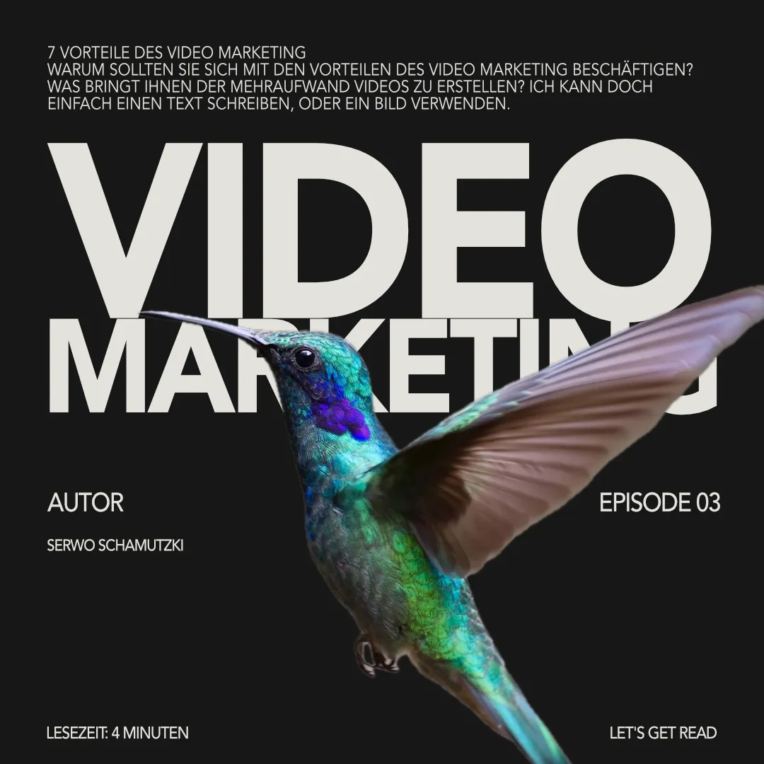 Blogbild „7 Vorteile des Video Marketings“ mit Kolibri auf schwarzem Hintergrund.
