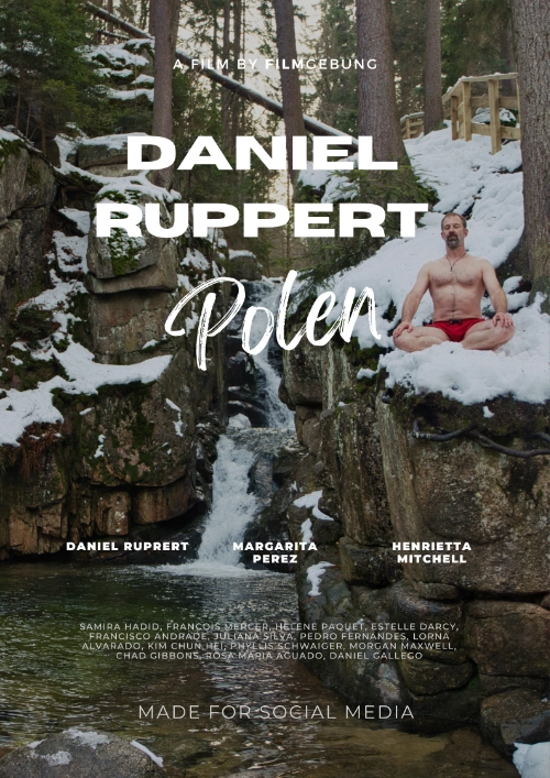 Daniel Ruppert Polen Logo mit Daniel Ruppert meditierend auf verschneitem Felsen, Wasserfall im Hintergrund.