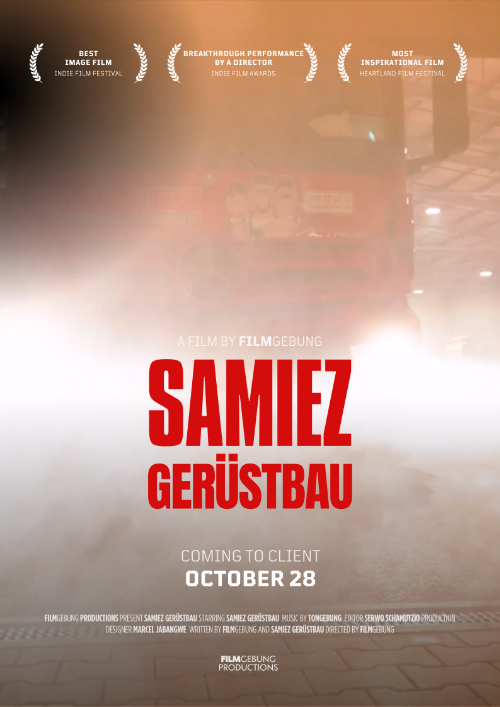 Samiez Gerüstbau Logo vor LKW-Front im Nebel.