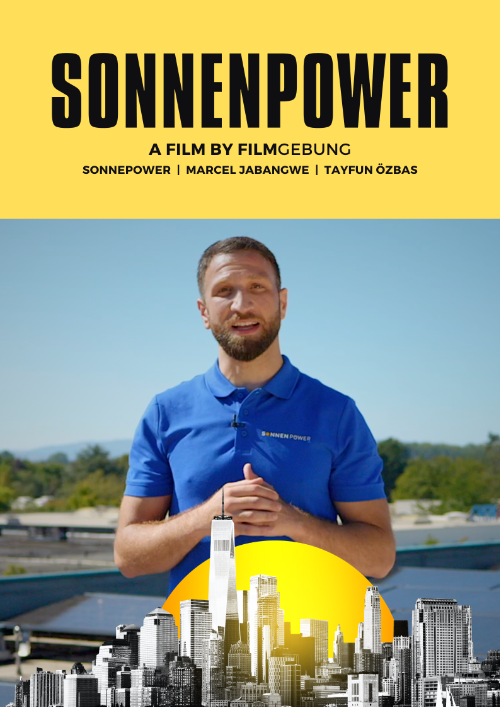 Sonnenpower Logo mit Porträtbild vor blauem Himmel.
